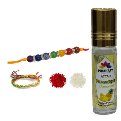 Pujahaat Raksha Bandhan Combo- Pineapple Attar ( Alcohol-Free) 6ml & 7 Chakra Crystal 8mm Beads Rakhi