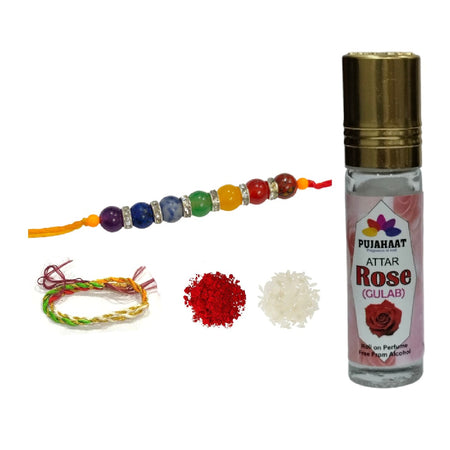 Pujahaat Raksha Bandhan Combo- Rose Attar ( Alcohol-Free) 6ml & 7 Chakra Crystal 8mm Beads Rakhi