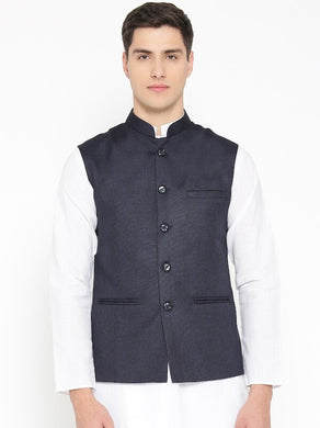 Black Color Men's Woven Jute Line Blend Nehru Jacket Ethnic Style And Formal Wear Base Coat