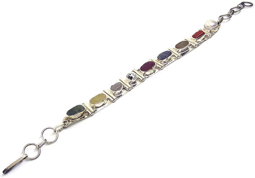 Natural Stone Multi Color Navratna Navgraha Nine Gems Bracelet in White Metal with Adjustable for Men and Women