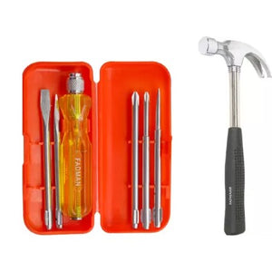 Home Utility Kit - Claw Hammer with Steel Shaft & 5 Blades Combination Screwdriver Set with Tester