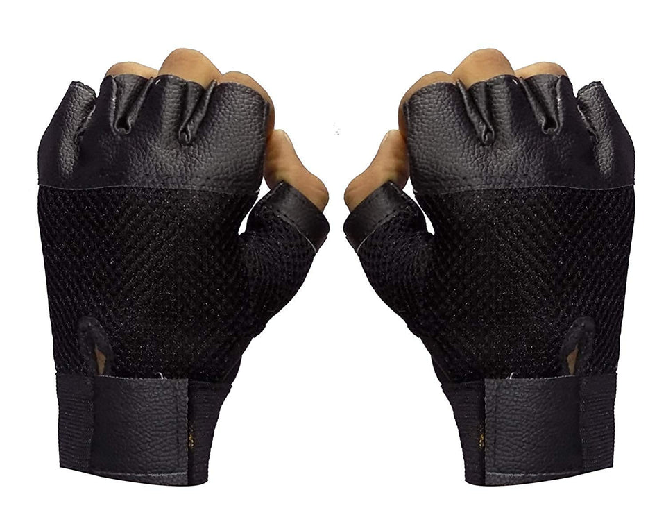 Finger Cut Pure leather with Mesh Gloves, Half Finger Glove for Sports