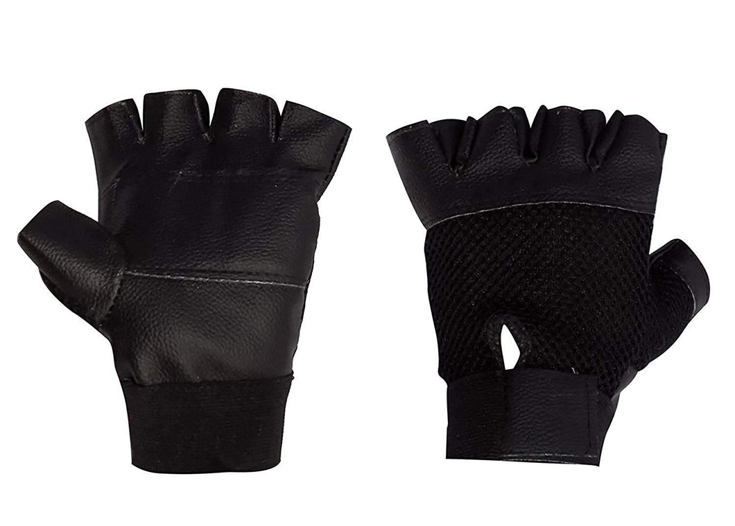 Finger Cut Pure leather with Mesh Gloves, Half Finger Glove for Sports
