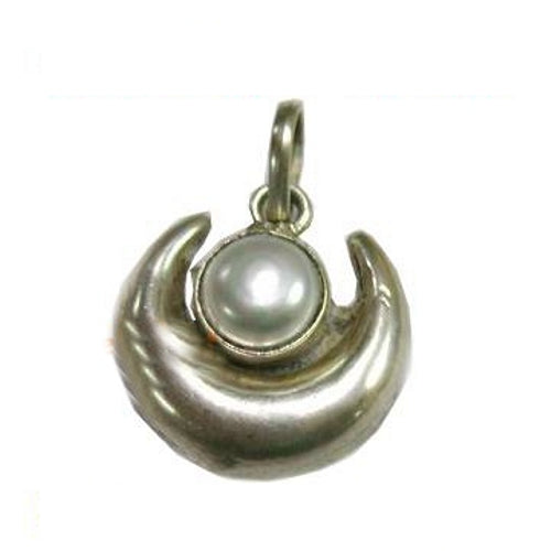 White Sterling-Silver Half Moon Shape Pendant with Natural Pearl Chand Moti Locket for Men and Women
