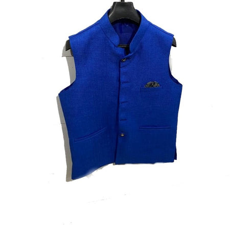 Royal Blue colour Men's Woven Jute Line Blend Over Kurta Jacket Ethnic Style And Formal Wear Base Coat
