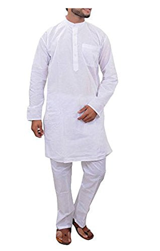 Men's White Pure Cotton Kurta Pyjama Set Full Sleeves Size -36 inches