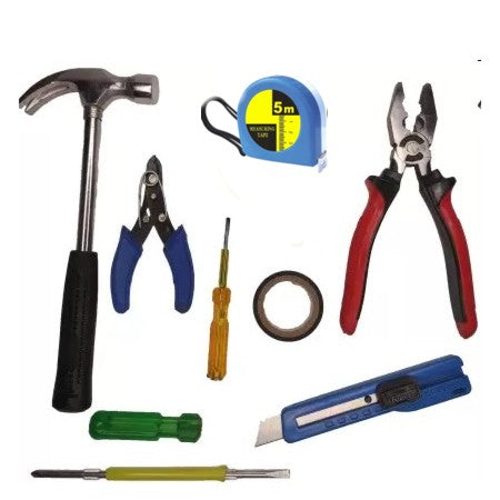  8Pc Toolkit Combo Set - Plier, Claw Hammer, 2in1 Screwdriver, Wire Cutter, Measuring Tape, Line Tester, Electrical Tape, Utility Knife Power & Hand Tool Kit-ht20