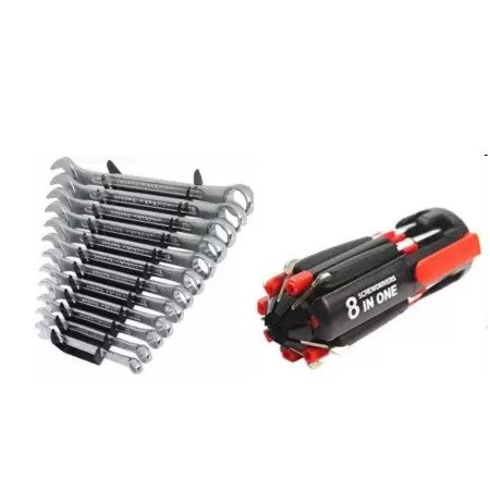 Hand Tool Kit-12Pcs Wrench Set Combination Double Sided and 8 in 1 Multi Screwdriver with LED Torch Set-ht21