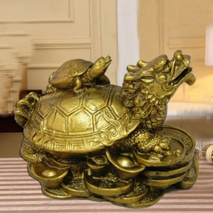 Dragon Turtle Tortoise Statue Traditional Gold Resin Figurine Coin Money Wealth Ornaments for Home Office Decoration- Feng Shui Item