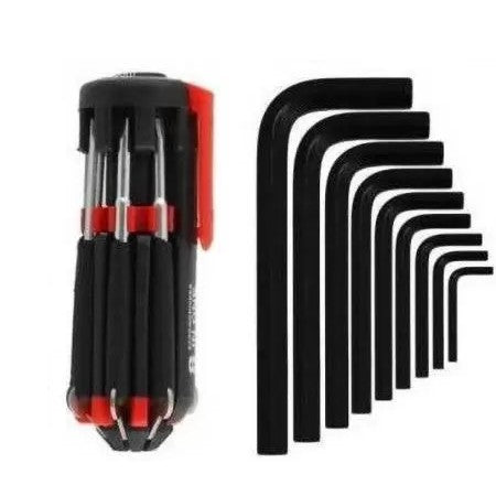 Foldable 8 in1 Screwdriver Kit With 6 Led Light Torch (Red And Black) And 10Pcs Full Hex Allen Key Kit L Shape Repair Tool Set-ht28