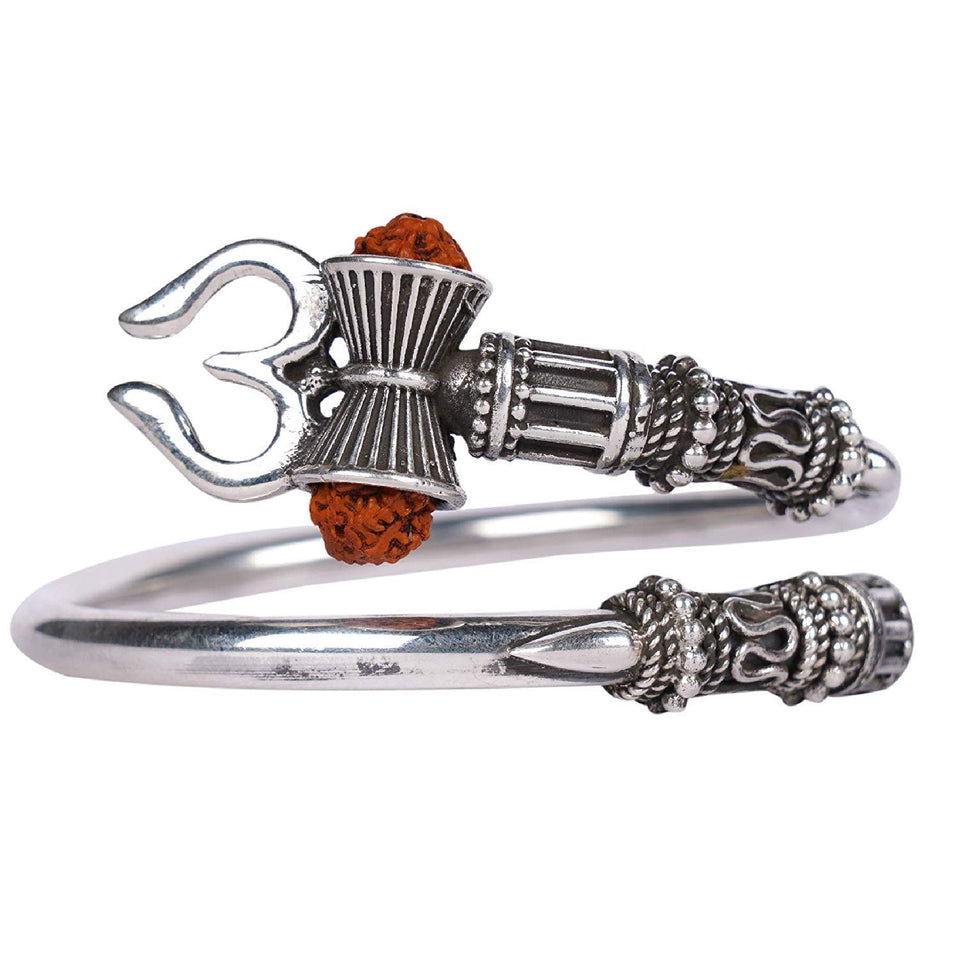 Rudraksha Trishul Damroo Designer Oxidized Silver Plated Metal Stylish Bahubali Cuff Kada Adjustable  Bracelet for Men & Women (Silver)