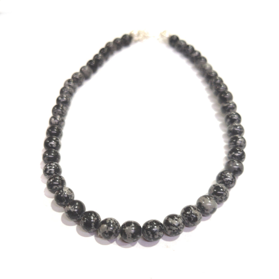 Snowflake Obsidian Crystal Round Beads Necklace 15 Inches 8mm Beads Semi precious Snowflake Obsidian stone, Grey Black Mala