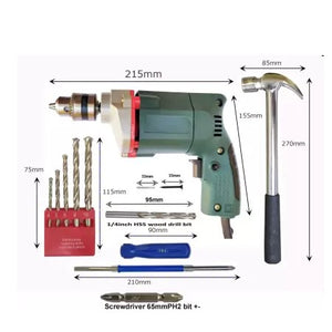10mm Electric drill machine With Claw Hammer 5pc Masonry 2pc HSS 2pc PH2 Bit 1pc Screwdriver and 10+10 Screw and Gitti Pack of 8 Product Power & Hand Tool Kit -ht31