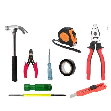 Hand Tool Kit - Plier, Claw Hammer, 2in1 Screwdriver, Wire Cutter, Measuring Tape, Line Tester, Electrical Tape, Paper Cutter-ht33