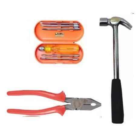 Hand Toolkit Set - Claw Hammer Steel Shaft Shock resistant rubber grip + 5 Blades Combination Screw Driver Set with Tester + Combination Plier with Joint Cutter