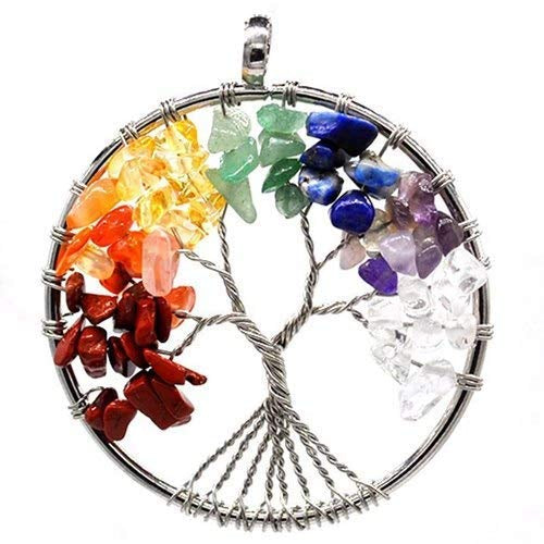 Rainbow 7 Chakra Tree of Life Crystal Wire Wrapped Gemstone Necklace Reiki Energized Crystal, Stone Pendant