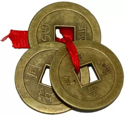 Feng Shui Chinese Lucky 3 Coins tied in Red Ribbon Set Brass Wealth, Prosperity, Money, Good Luck