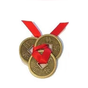 Feng Shui Chinese Lucky 3 Coins tied in Red Ribbon Set Brass Wealth, Prosperity, Money, Good Luck