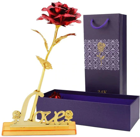 24K Foil Plated Red Rose Gold Lasts Forever with Luxury Gift Box and Beautiful Carry Bag (Rose with Love Stand, Bag & Box)