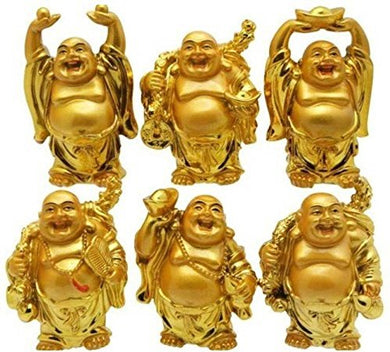 New Golden Laughing Buddha Set for Good Luck, Home-Office Decor & Gift, Set of 6- Feng Shui Item