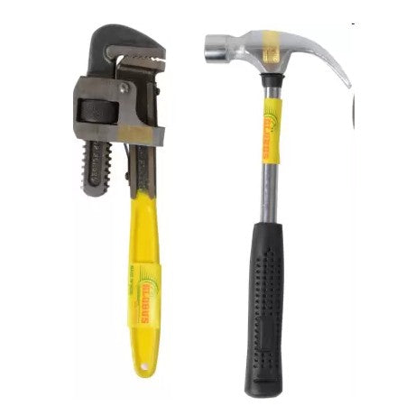 Hand Tool Combo - Claw Hammer Steel Shaft Shock resistant rubber grip + Heavy-Duty Straight Single sided adjustable Pipe Wrench - 10 inches-ht42