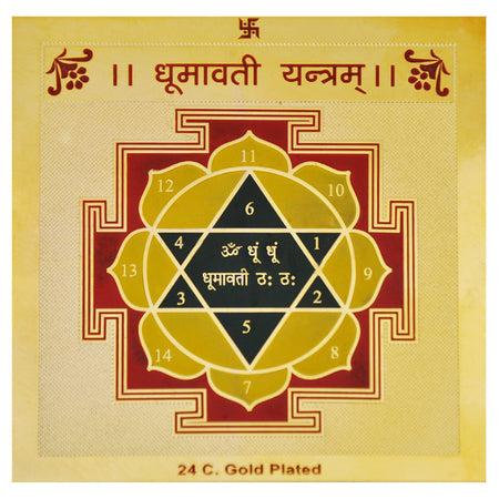 Shri Dhumavati Yantra - 3.25 x 3.25 Inch Gold Polished Blessed and Energized Yantra