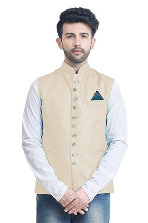 Cream Colour Men's Woven Jute Line Blend Over Kurta Jacket Ethnic Style And Formal Wear Base Coat