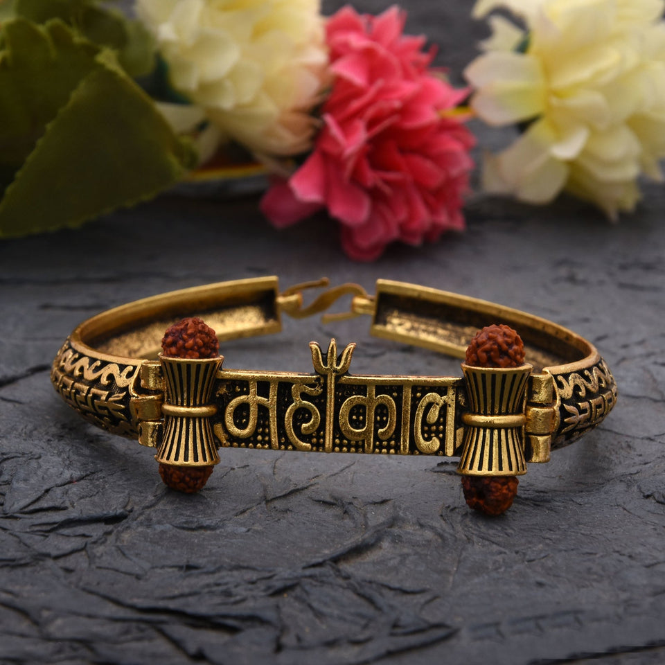 Gold Plated Brass Rudraksha Shiv Mahakal Damroo Om Kada Free Size for Mens & Boys