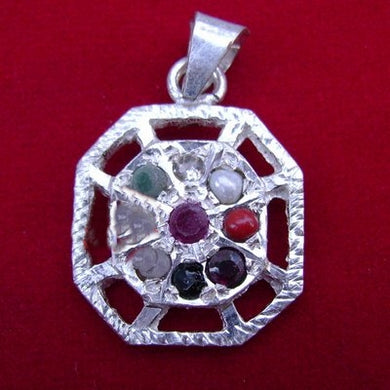 Natural Stone Multi Color Navratna Navgraha Nine Gems Pendant in White Metal Hexagon shape