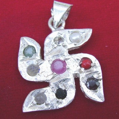 Natural Stone Multi Color Navratna Navgraha Nine Gems Pendant in White Metal Swastik shape