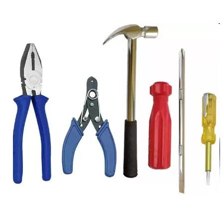 Combo of 5 Hand Tools - Combination Plier with Joint Cutter + Wire Cutter and Stripper+ Claw Hammer Steel + 2 in 1 Screwdriver + Line Tester -Ht 61