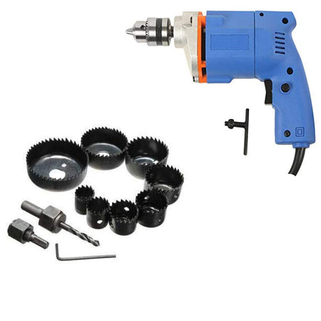 Powerful Drill Machine 10 mm + Carbon Steel Metal Alloys Wood Hole Saw Cutting Set