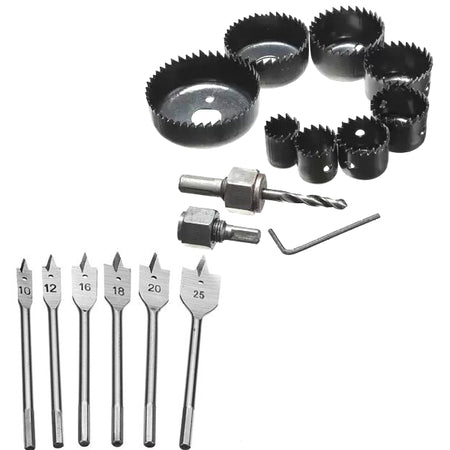 Metal Alloys 11pc Wood Hole Saw Cutting Set + Set of 6 Flat Drill Bit Set For Wood- HT66