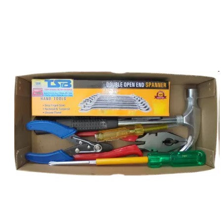 Hand Tool Kit - Plier + Tester + Steel Hammer + Screw Driver + Wire Cutter + 8Pc Spanner Set - ht6
