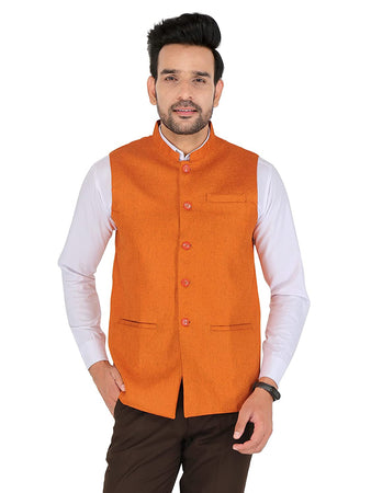 Orange colour Men's Woven Jute Line Blend Over Kurta Jacket Ethnic Style And Formal Wear Base Coat