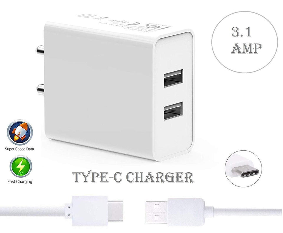Dual port charger Type C android mobile fast charger Adapter Wall Charger | Mobile Charger | Fast Charger | High Speed Charger with 1 M Type C Charging Data Cable (3.1 Amp, White) - halfrate.in