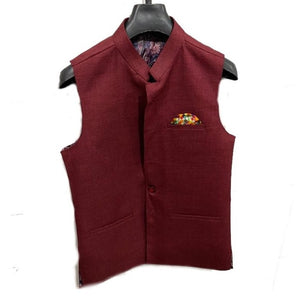 Cherry Colour Men's Woven Jute Line Blend Nehru Jacket Ethnic Style And Formal Wear Base Coat