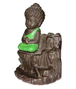 Meditating Monk Buddha Smoke Backflow Fountain Cone Incense Holder Decorative Showpiece with Free 10 Smoke Backflow Scented Cone Incense (Green)