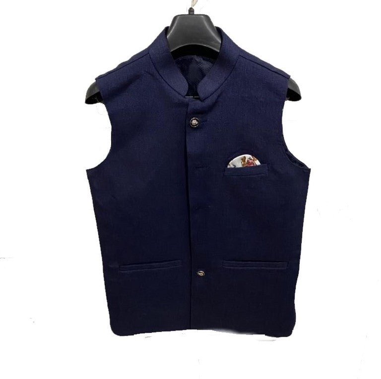 Velvet Blue Men's Woven Jute Line Blend Nehru Jacket Ethnic Style And Formal Wear Base Coat