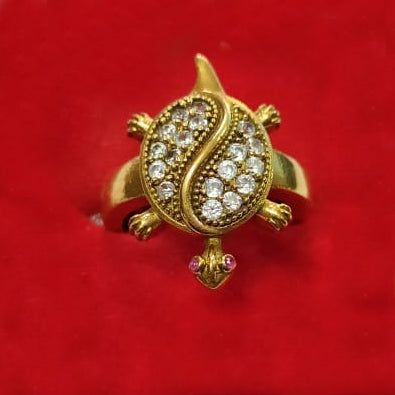 American Diamond Studded Gold Plated Tortoise Turtle Vastu Feng Shui Kachua Good Luck Charm Unisex Adjustable Free Size Finger Ring for Longevity
