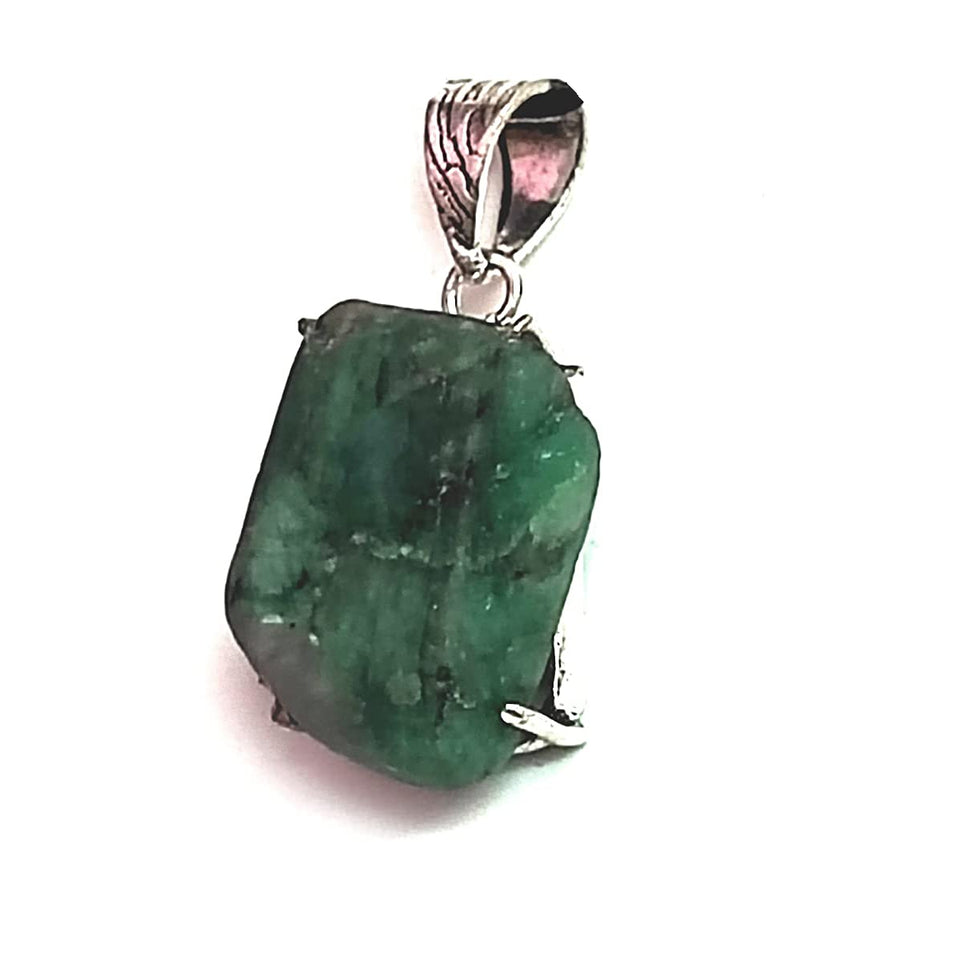 Natural Raw Rough Emerald Uneven Shaped Crystal White Metal Pendant Men & Women Pendant
