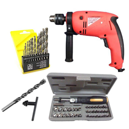 Saleshop365® Powerful 13 mm Impact Drill Machine Reverse Forward 700 watt with 13 Hss Drill Set and 1 Masonry bit with 41 pcs Toolkit screwdriver set - halfrate.in