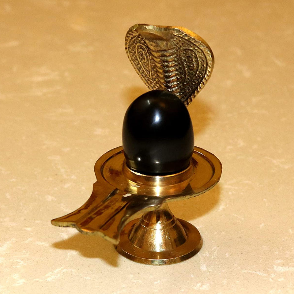 Black Stone Shiva Ling with Snake Face Hood Jalaheri Brass Argha Handcrafted 30-40 grams