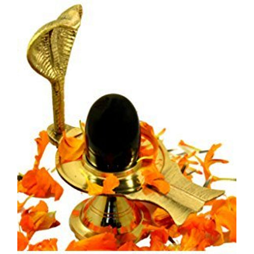 Black Stone Shiva Ling with Snake Face Hood Jalaheri Brass Argha Handcrafted 30-40 grams