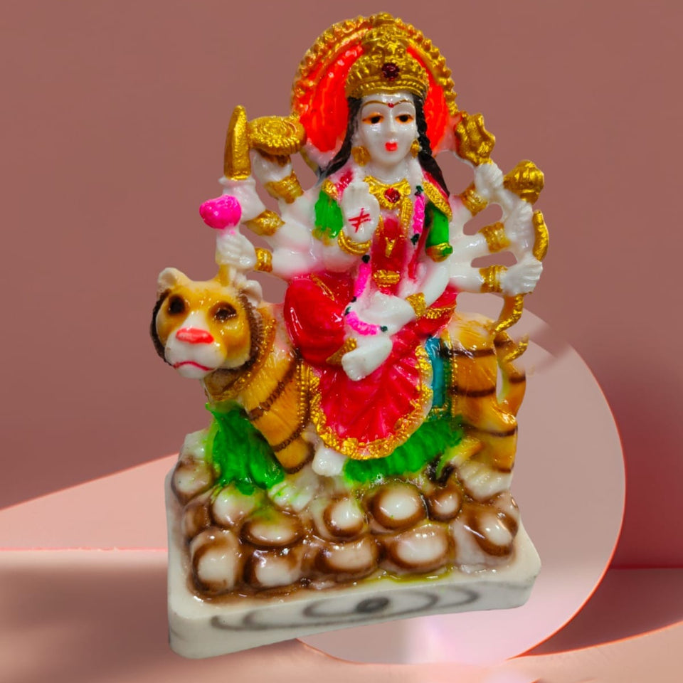 Mata Durga on Lion Idol Handcrafted Handmade Marble Dust Polyresin for Home, Temple, Car Dashboard  -12 cm MS-1