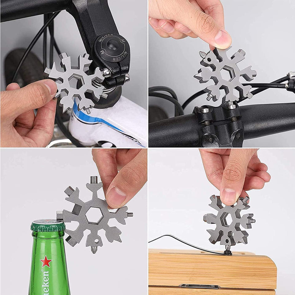Snowflake Shape 18 in 1 Stainless Steel Multitool , Heavy Duty, Hex Wrench, Screwdriver, Allen Wrench, Portable, Daily Use, Camping tool, Keychain, Bottle Opener, Flat Screwdriver Kit/Wrench