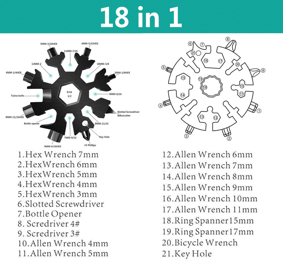 Snowflake Shape 18 in 1 Stainless Steel Multitool , Heavy Duty, Hex Wrench, Screwdriver, Allen Wrench, Portable, Daily Use, Camping tool, Keychain, Bottle Opener, Flat Screwdriver Kit/Wrench