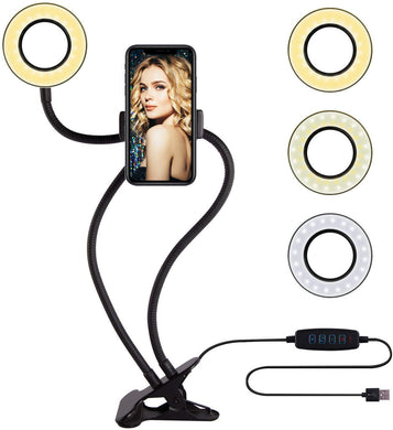 Metal Ring Light with Stand Cell Phone Holder for Live Stream Makeup Selfie Recording Lighting with Flexible Metal Arm and Clip Table lamp, Video recording