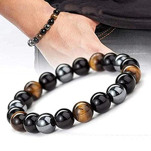 Triple Protection Bracelet, Natural Hematite, Tiger Eye, Black Onyx Gemstone Crystal Beads Stretch Hand Band / Bracelet