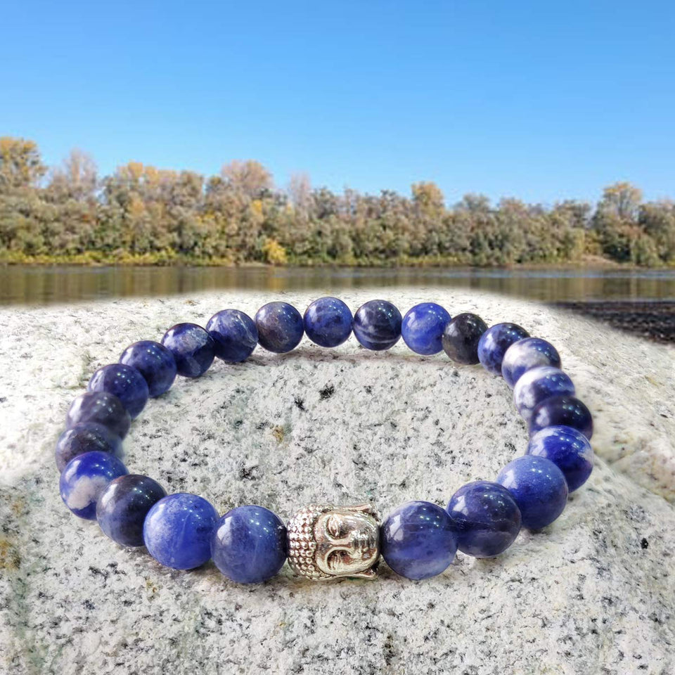 Natural Gemstone 8mm Beads Lapis Lazuli Crystal with Buddha Unisex Bracelet for Healing, Reiki, Vastu